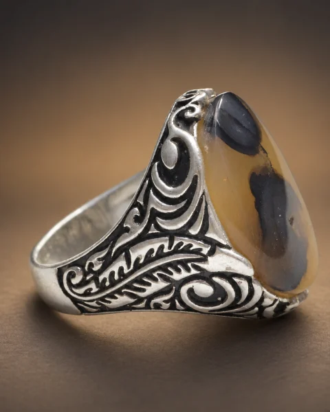 Feather Scroll Honey Agate Ring, sterling silver and Yemeni agate, view 2