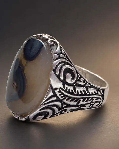 Feather Scroll Honey Agate Ring, sterling silver and Yemeni agate, view 1