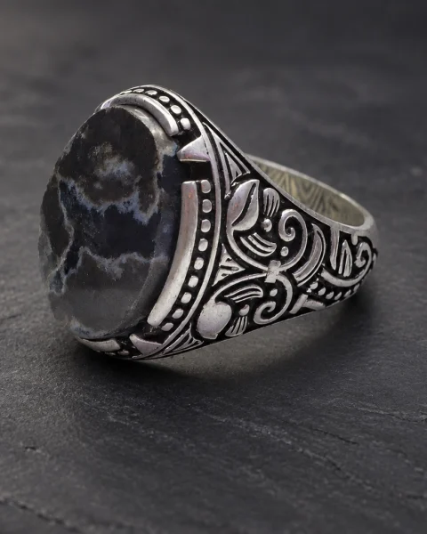 Night Vein Black Agate Ring, sterling silver and Yemeni agate, view 1