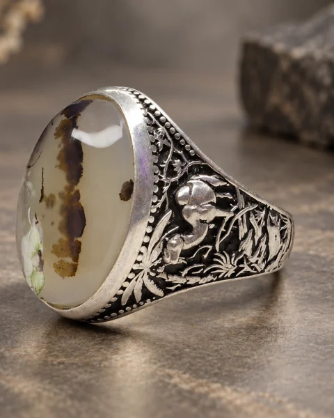 Palm and Moss White Agate Ring, sterling silver and Yemeni agate, view 1