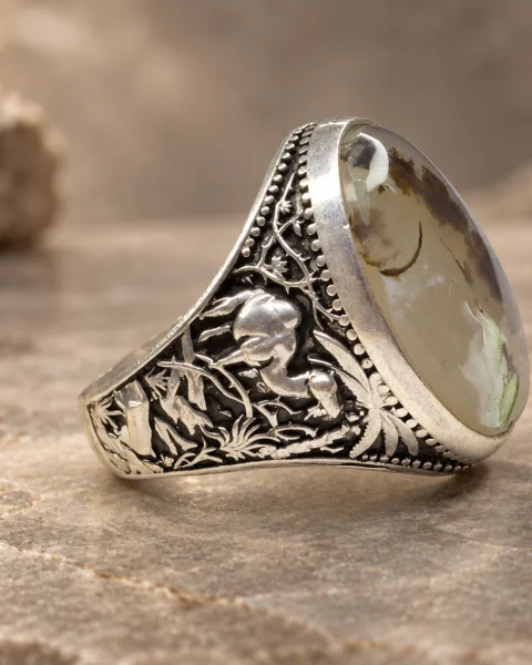 Palm and Moss White Agate Ring, sterling silver and Yemeni agate, view 2