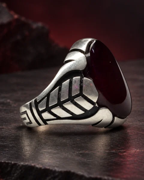 Veined Leaf Burgundy Yemeni Agate Ring, sterling silver and Yemeni agate, view 2