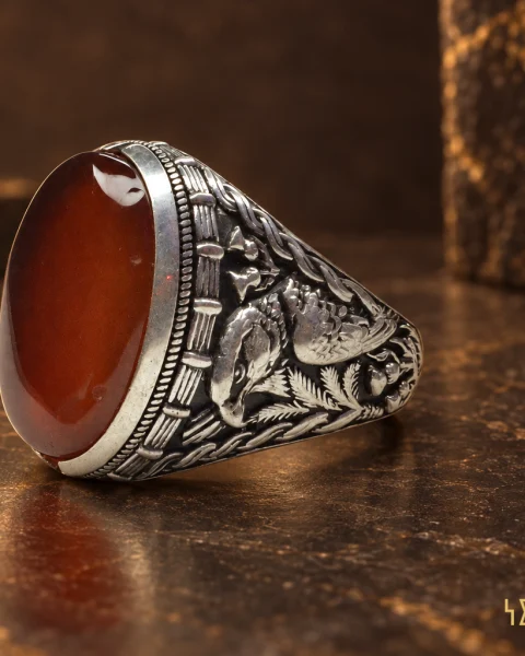 Falcon Relief Carnelian Yemeni Agate Ring, sterling silver and Yemeni agate, view 1