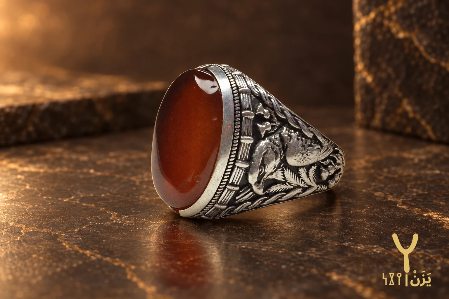 Falcon Relief Carnelian Yemeni Agate Ring Falcon Relief Carnelian Yemeni Agate Ring, sterling silver and Yemeni agate, view 1
