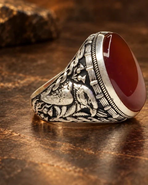 Falcon Relief Carnelian Yemeni Agate Ring, sterling silver and Yemeni agate, view 2