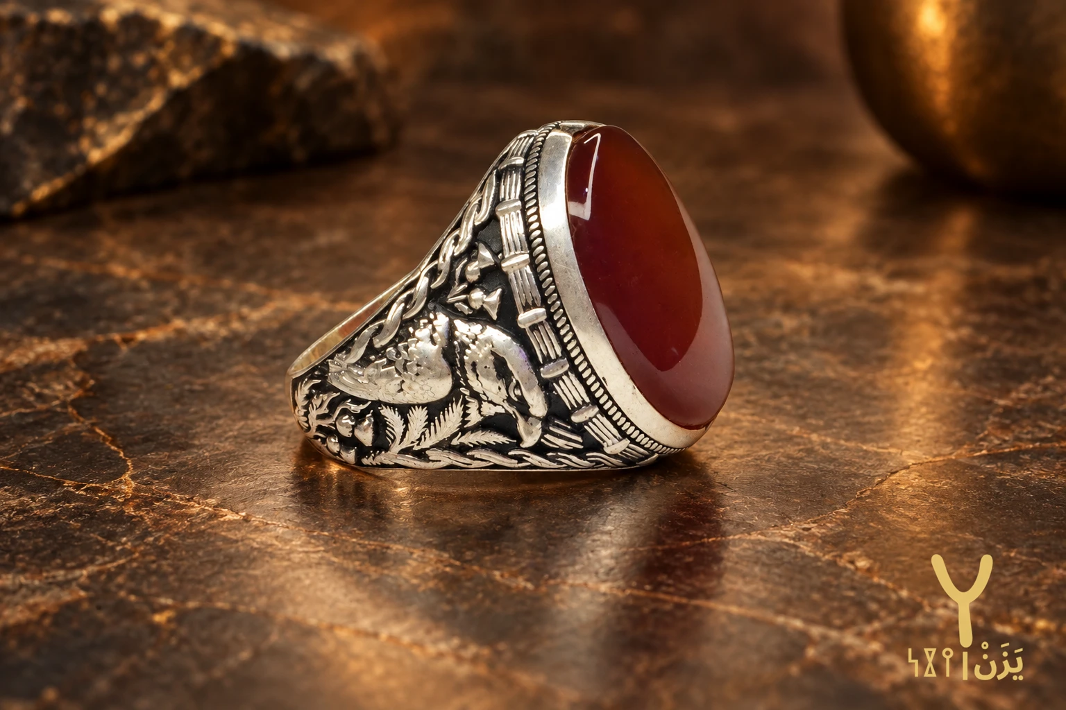 Falcon Relief Carnelian Yemeni Agate Ring Falcon Relief Carnelian Yemeni Agate Ring, sterling silver and Yemeni agate, view 2