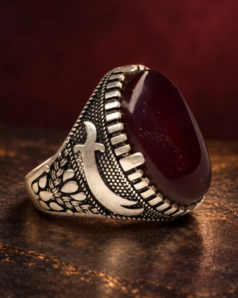 Crescent and Sword Yemeni Agate Ring, sterling silver and Yemeni agate, view 1