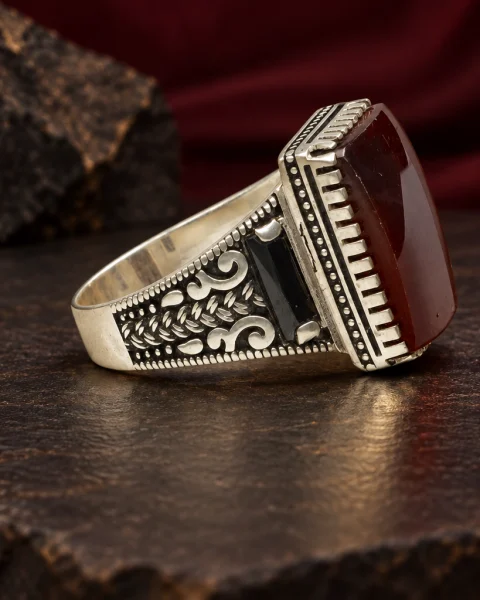 Crenellated Tablet Red Agate Ring, sterling silver and Yemeni agate, view 2