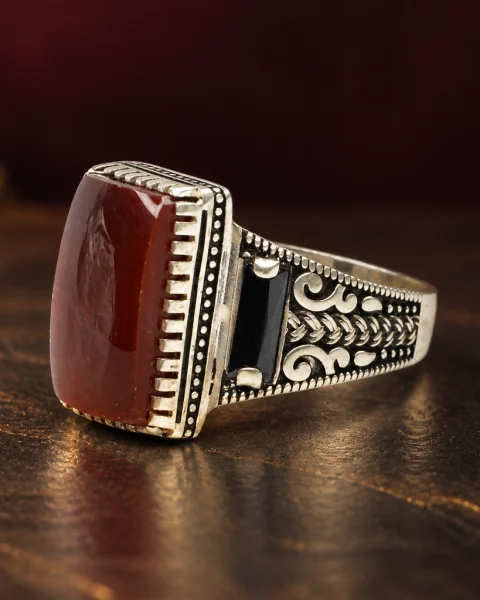 Crenellated Tablet Red Agate Ring, sterling silver and Yemeni agate, view 1
