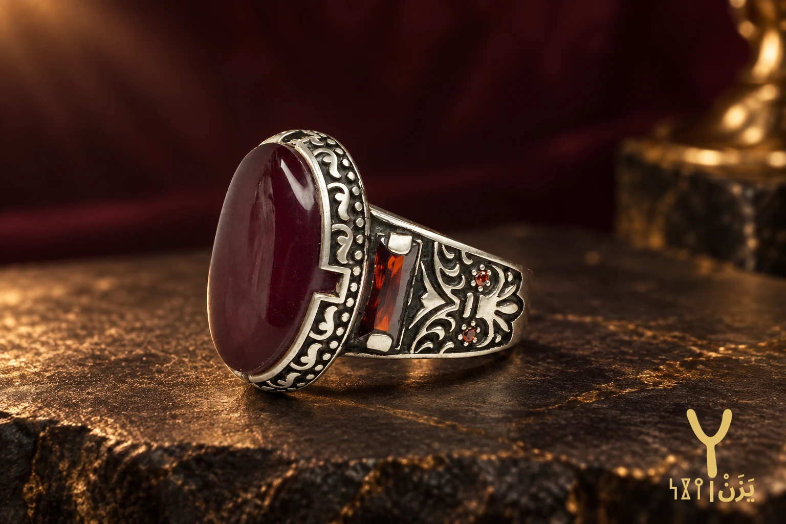 Scarlet Baguette Kabdi Agate Ring Scarlet Baguette Kabdi Agate Ring, sterling silver and Yemeni agate, view 1