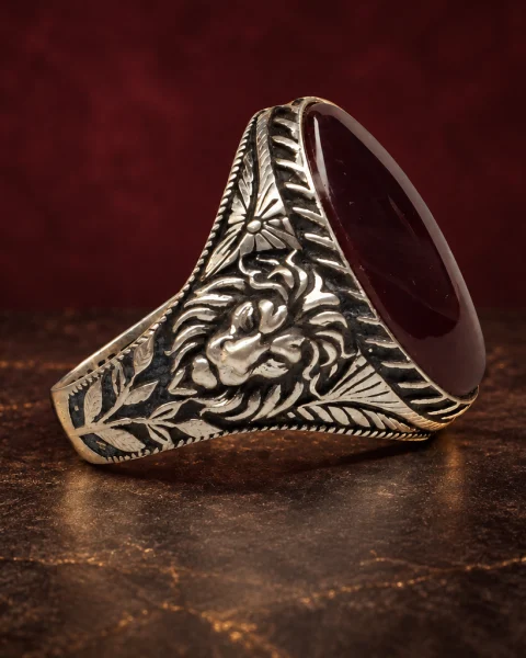 Lion and Sunburst Rummani Agate Ring, sterling silver and Yemeni agate, view 2