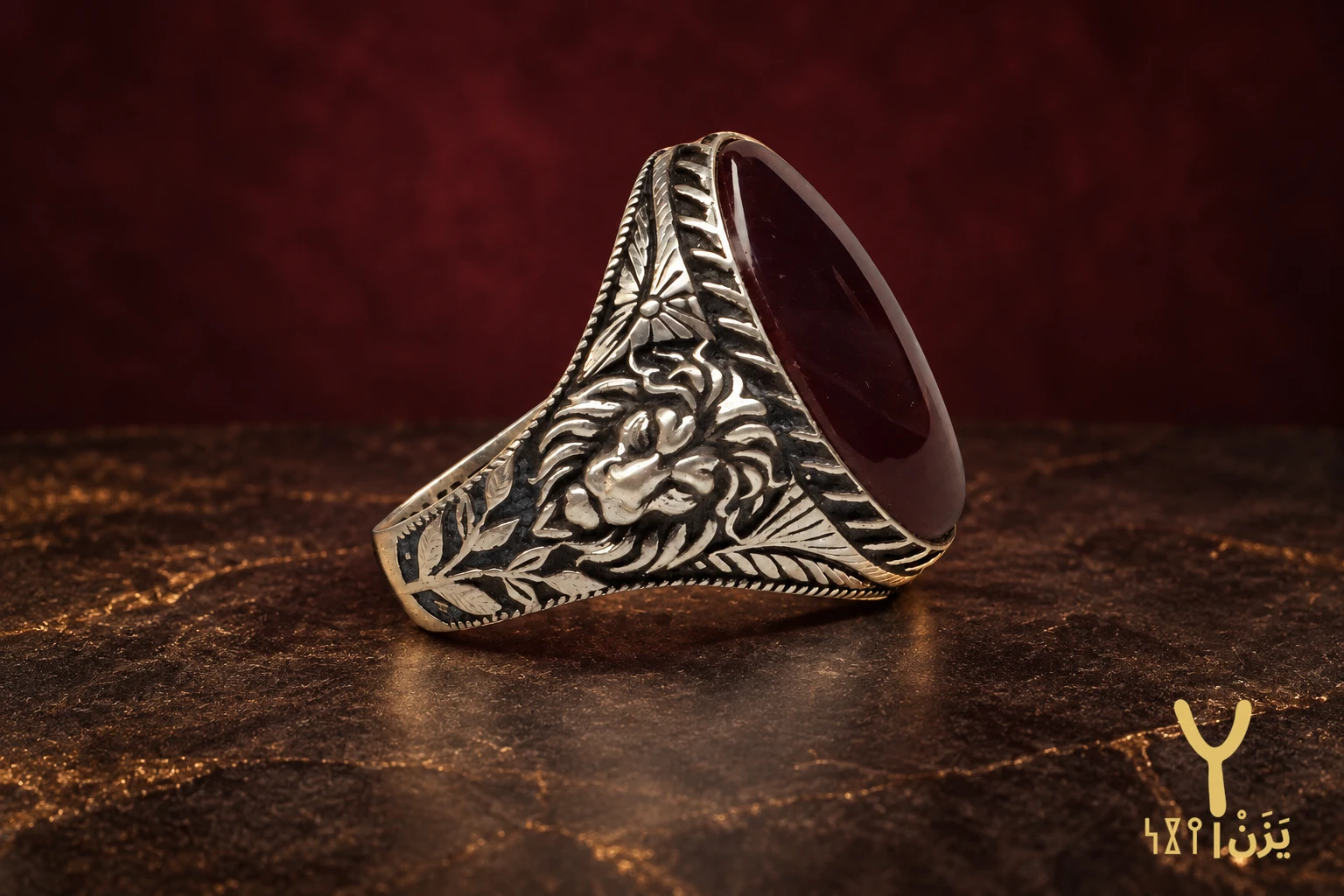 Lion and Sunburst Rummani Agate Ring Lion and Sunburst Rummani Agate Ring, sterling silver and Yemeni agate, view 2