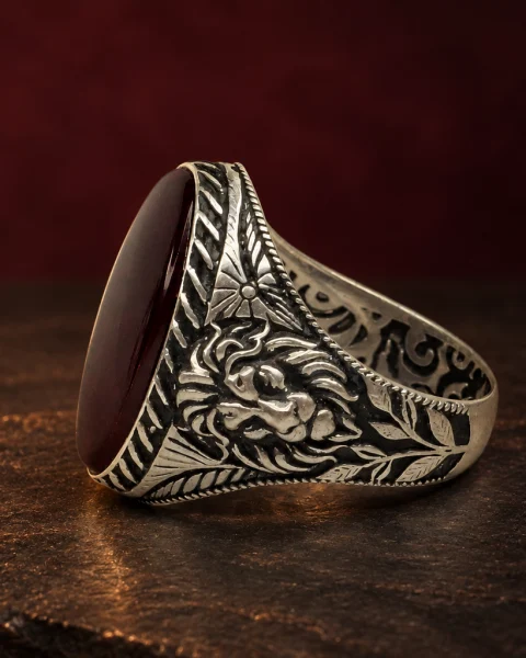 Lion and Sunburst Rummani Agate Ring, sterling silver and Yemeni agate, view 3