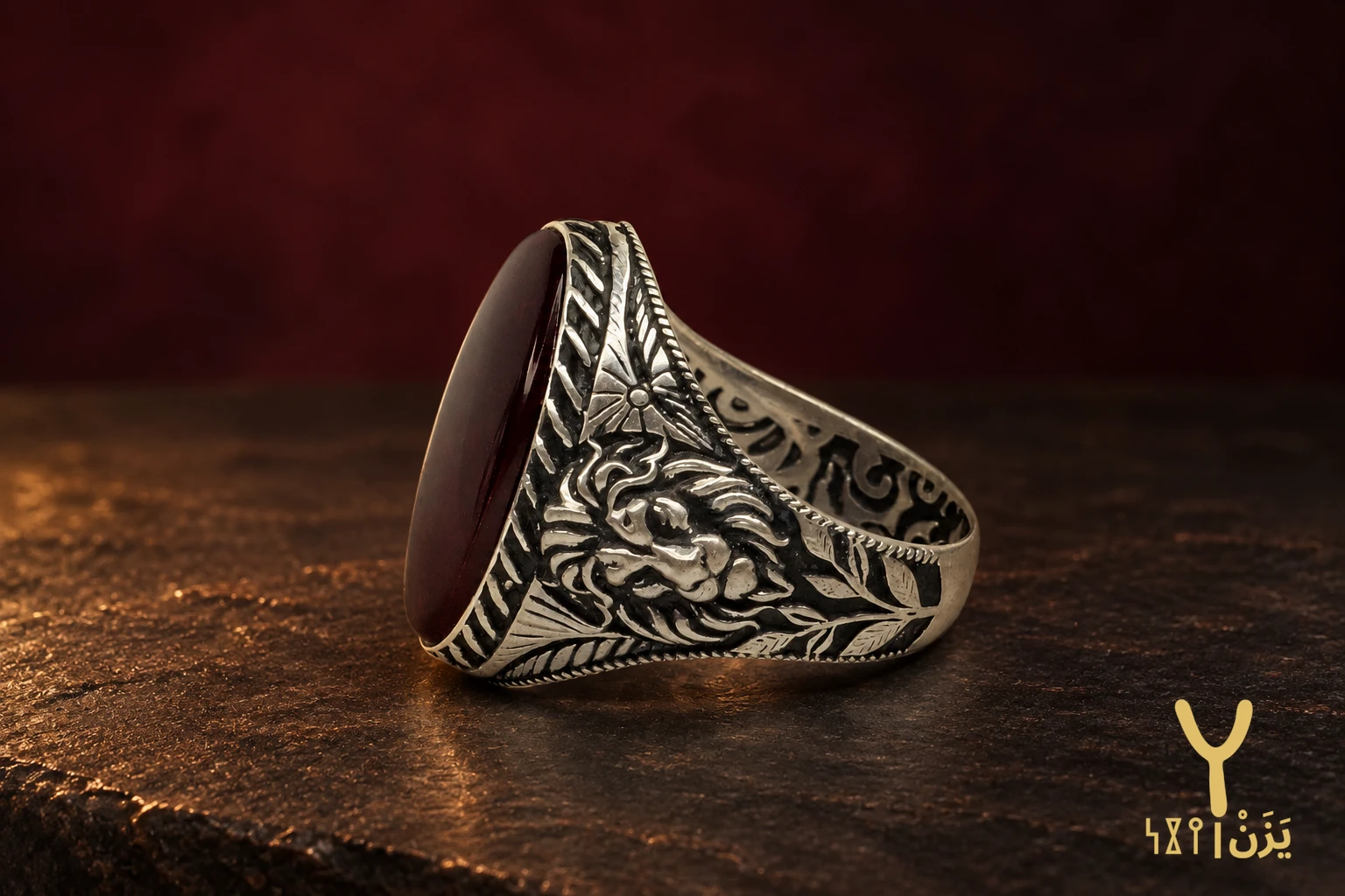 Lion and Sunburst Rummani Agate Ring Lion and Sunburst Rummani Agate Ring, sterling silver and Yemeni agate, view 3