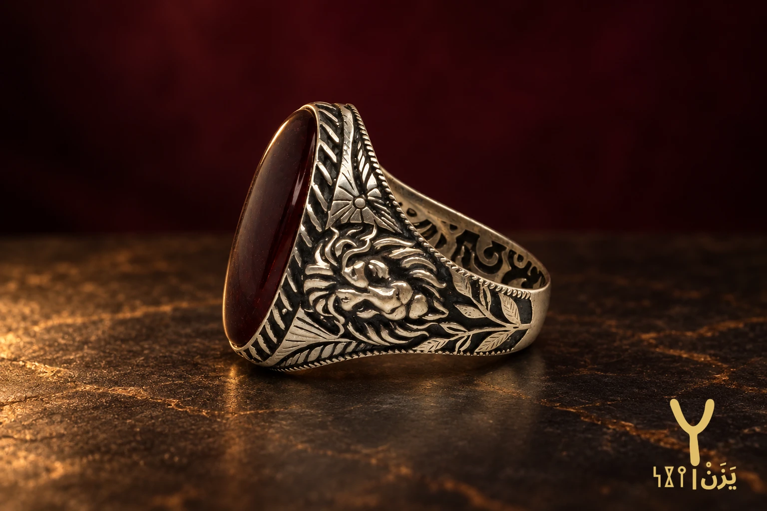 Lion and Sunburst Rummani Agate Ring Lion and Sunburst Rummani Agate Ring, sterling silver and Yemeni agate, view 4