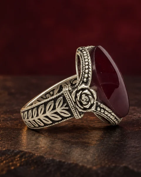 Rose and Laurel Red Agate Ring, sterling silver and Yemeni agate, view 2