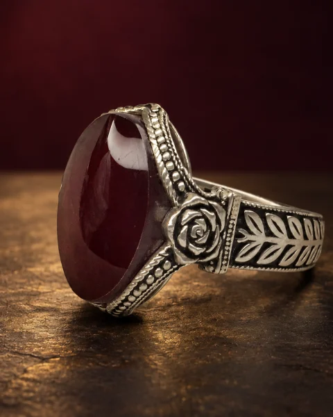 Rose and Laurel Red Agate Ring, sterling silver and Yemeni agate, view 1
