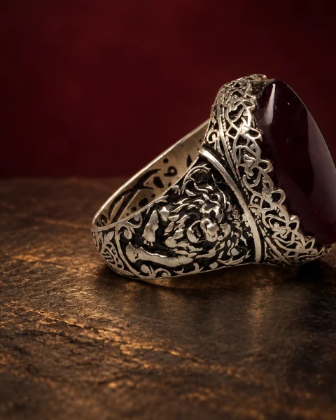 Filigree Lion Kabdi Agate Ring, sterling silver and Yemeni agate, view 2