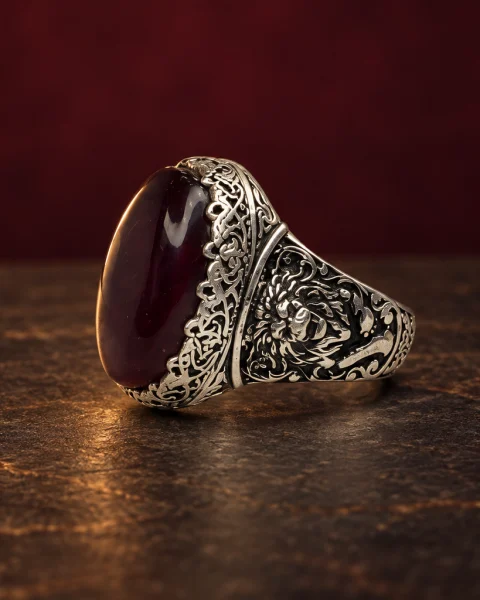 Filigree Lion Kabdi Agate Ring, sterling silver and Yemeni agate, view 1