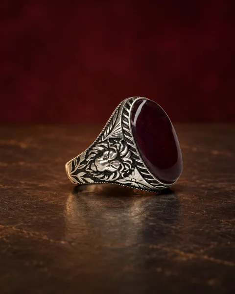 Laurel Lion Red Yemeni Agate Ring, sterling silver and Yemeni agate, view 2