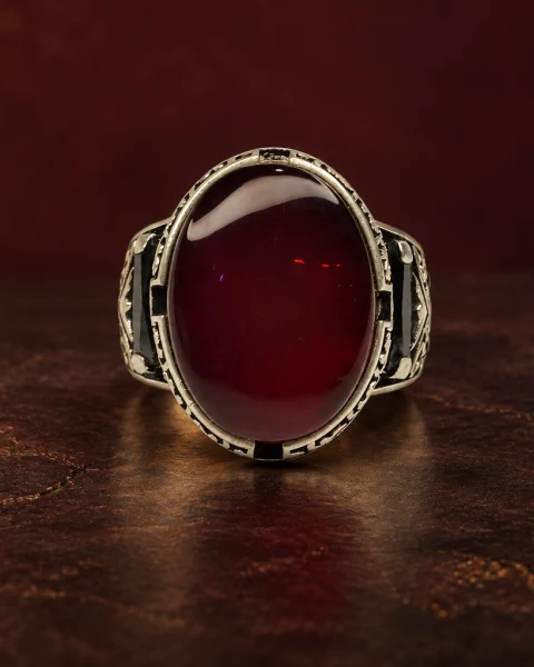 Twin Sentinel Red Yemeni Agate Ring, sterling silver and Yemeni agate, view 1