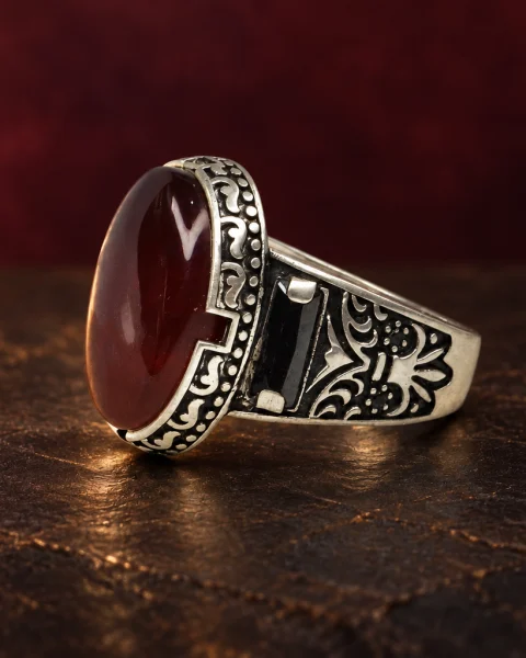 Twin Sentinel Red Yemeni Agate Ring, sterling silver and Yemeni agate, view 6