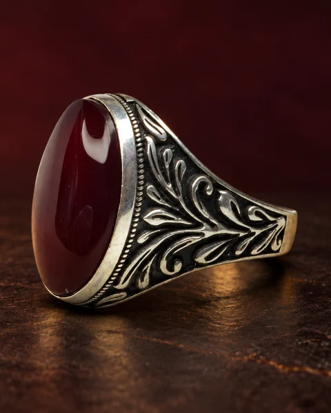 Acanthus Ember Red Yemeni Agate Ring, sterling silver and Yemeni agate, view 1