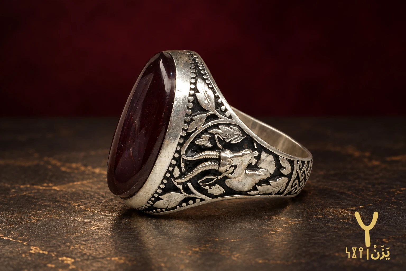Ibex and Laurel Red Agate Ring Ibex and Laurel Red Agate Ring, sterling silver and Yemeni agate, view 2