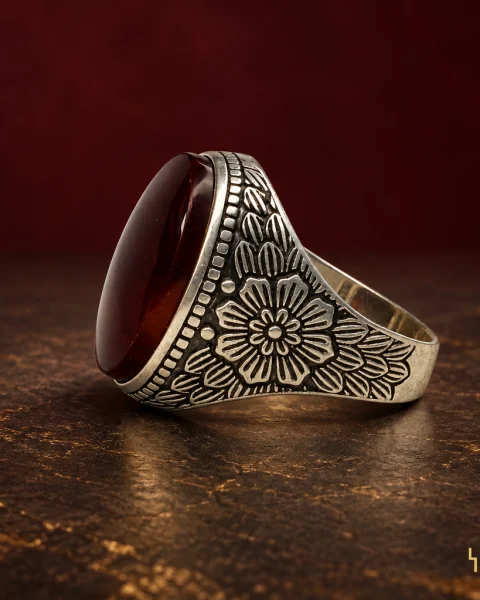 Full Bloom Orange-Red Agate Ring, sterling silver and Yemeni agate, view 2