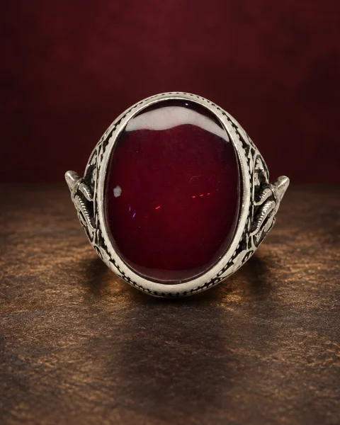 Ibex and Laurel Red Agate Ring, sterling silver and Yemeni agate, view 1
