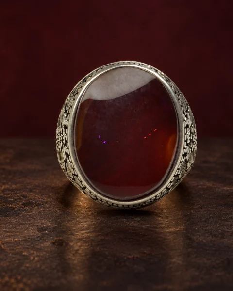 Full Bloom Orange-Red Agate Ring, sterling silver and Yemeni agate, view 1