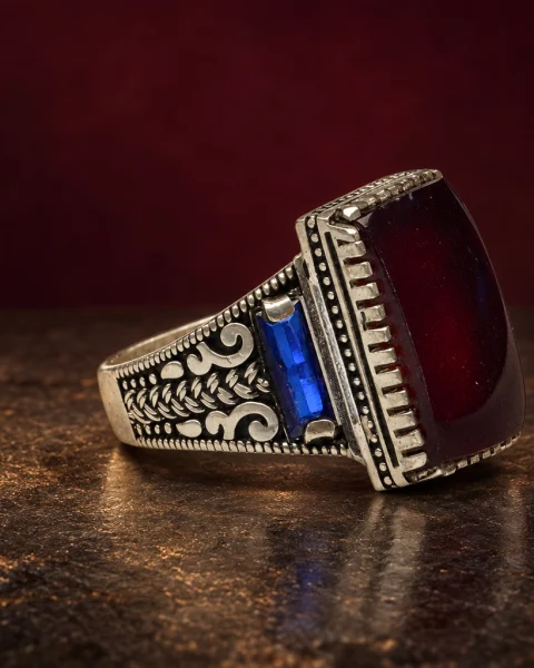 Blue Baguette Tablet Red Agate Ring, sterling silver and Yemeni agate, view 2