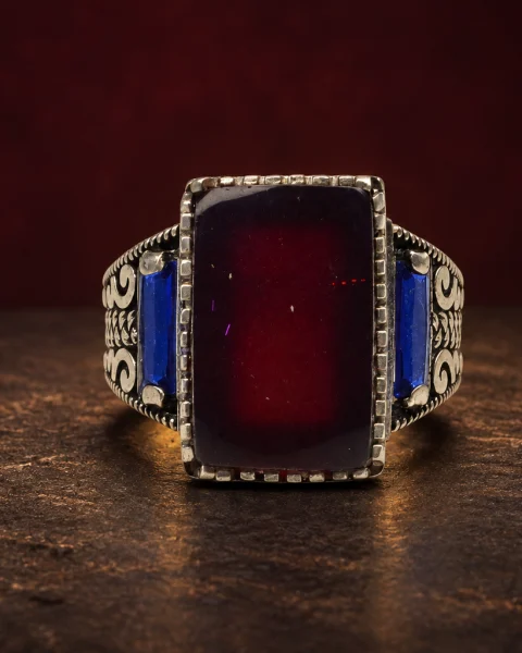 Blue Baguette Tablet Red Agate Ring, sterling silver and Yemeni agate, view 1
