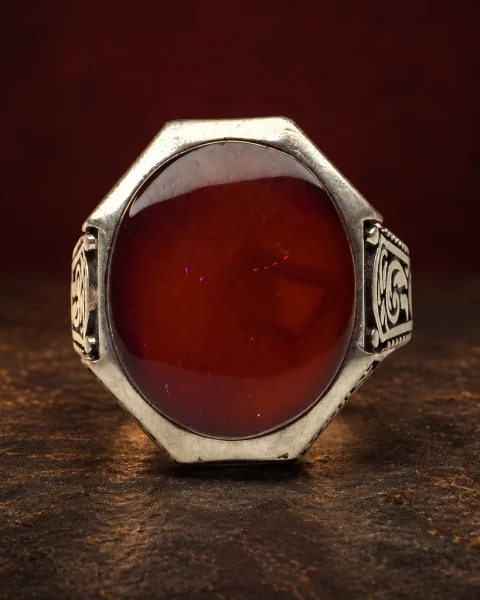 Octagon Calligraphy Red Agate Ring, sterling silver and Yemeni agate, view 1