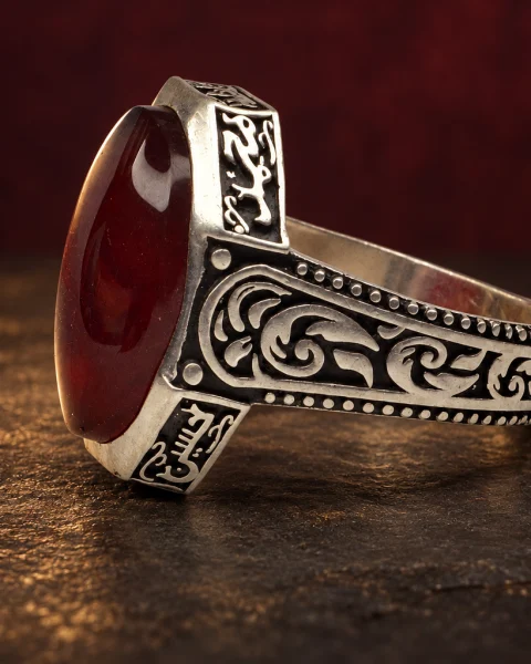 Octagon Calligraphy Red Agate Ring, sterling silver and Yemeni agate, view 3
