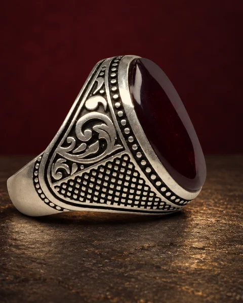 Lattice Scroll Red Yemeni Agate Ring, sterling silver and Yemeni agate, view 2