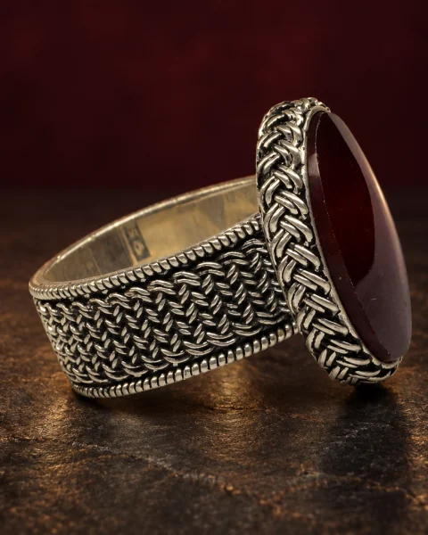 Basketweave Band Red Yemeni Agate Ring, sterling silver and Yemeni agate, view 2
