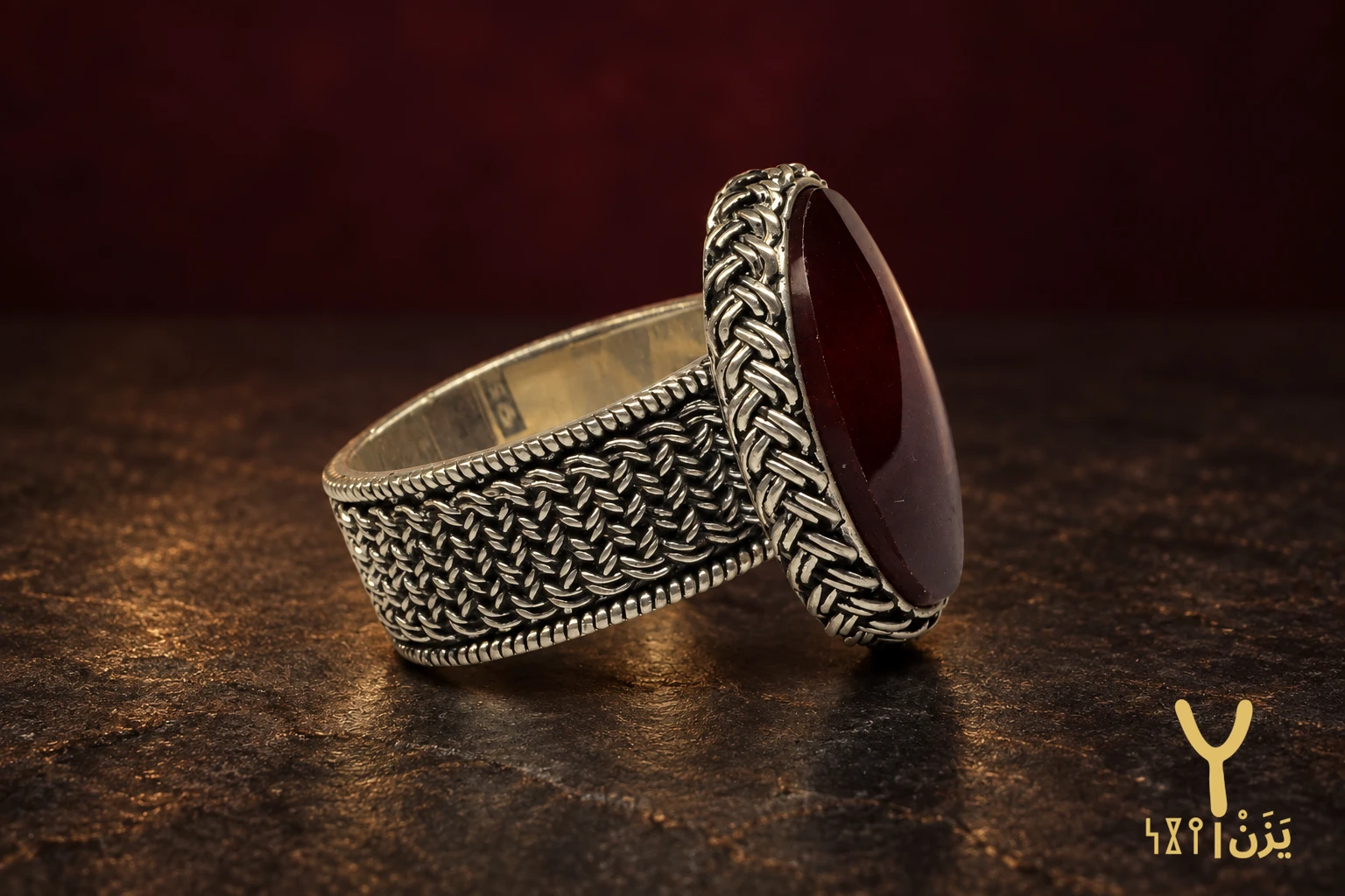 Basketweave Band Red Yemeni Agate Ring Basketweave Band Red Yemeni Agate Ring, sterling silver and Yemeni agate, view 2