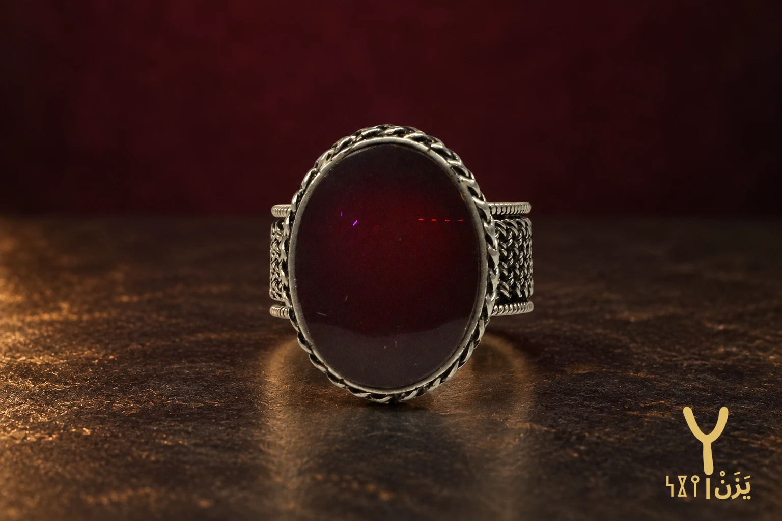 Basketweave Band Red Yemeni Agate Ring Basketweave Band Red Yemeni Agate Ring, sterling silver and Yemeni agate, view 1