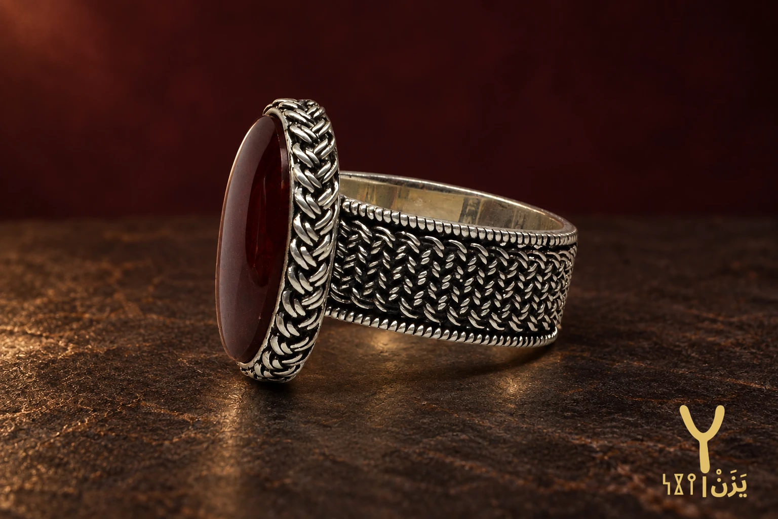Basketweave Band Red Yemeni Agate Ring Basketweave Band Red Yemeni Agate Ring, sterling silver and Yemeni agate, view 3