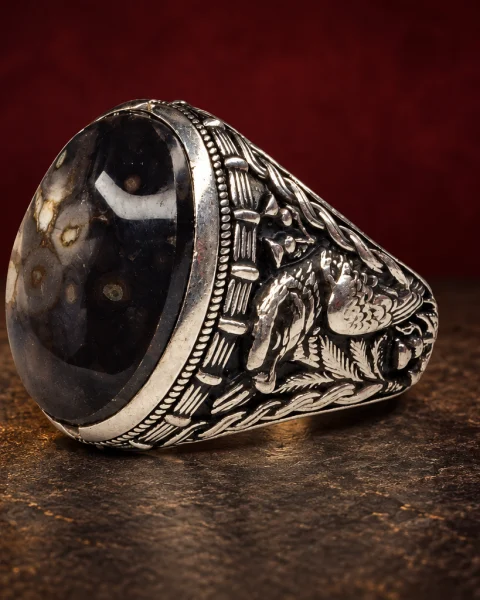 Starry Eye Black Yemeni Agate Ring, sterling silver and Yemeni agate, view 1
