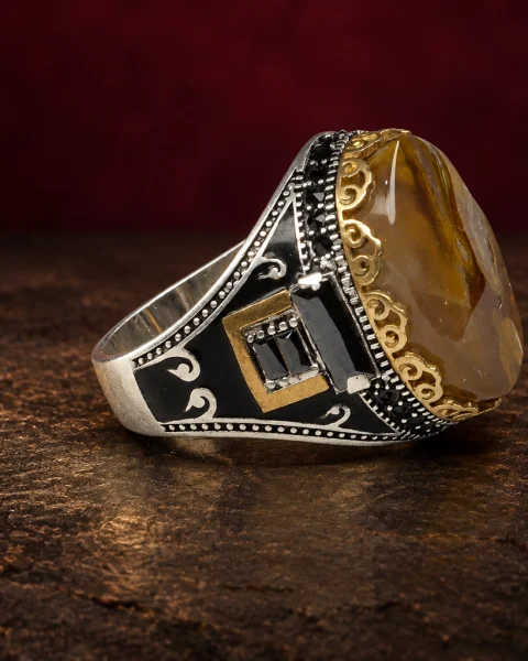 Gilded Enamel Honey Agate Ring, sterling silver and Yemeni agate, view 1