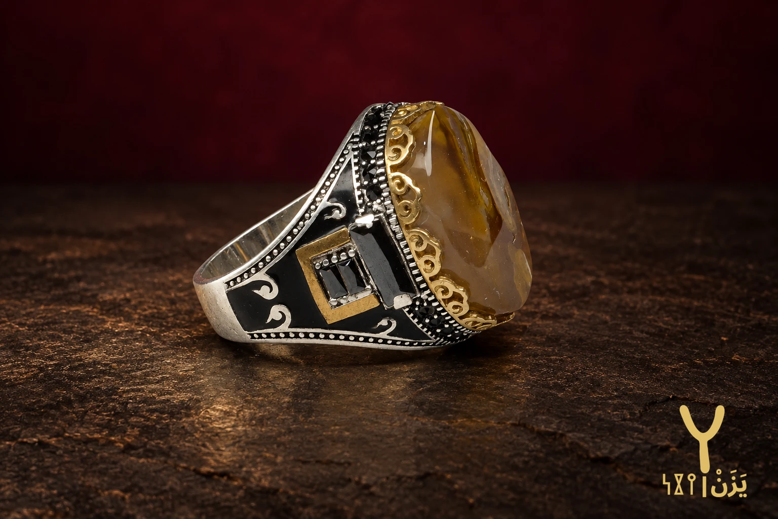 Gilded Enamel Honey Agate Ring Gilded Enamel Honey Agate Ring, sterling silver and Yemeni agate, view 1