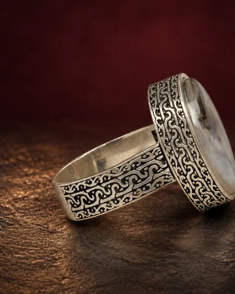 Wave Scroll Moss Yemeni Agate Ring, sterling silver and Yemeni agate, view 2