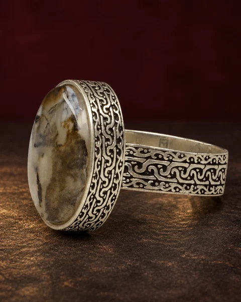 Wave Scroll Moss Yemeni Agate Ring, sterling silver and Yemeni agate, view 3