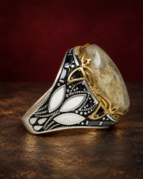 White Enamel Lotus Yellow Agate Ring, sterling silver and Yemeni agate, view 1