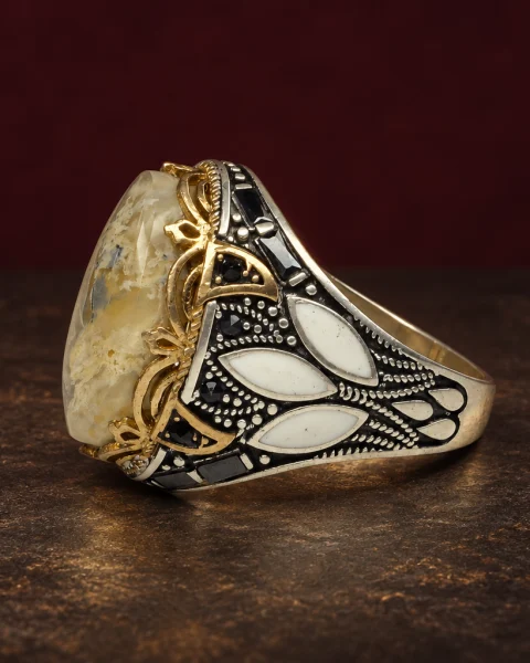 White Enamel Lotus Yellow Agate Ring, sterling silver and Yemeni agate, view 3