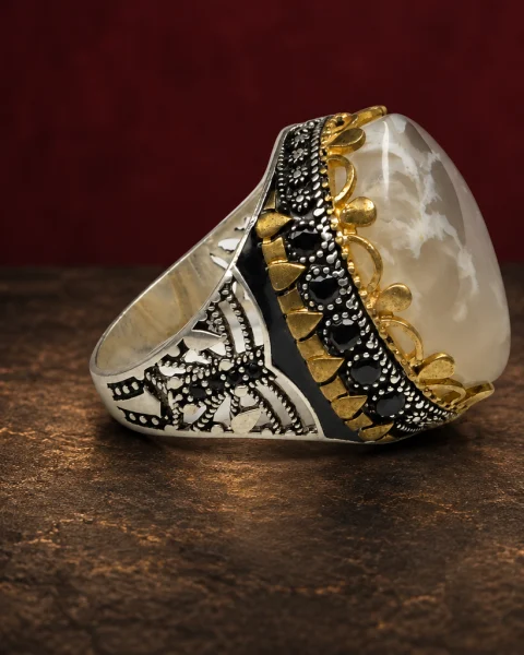 Snow Cloud Gilded White Agate Ring, sterling silver and Yemeni agate, view 1