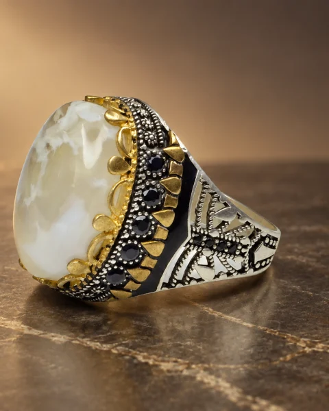 Snow Cloud Gilded White Agate Ring, sterling silver and Yemeni agate, view 3