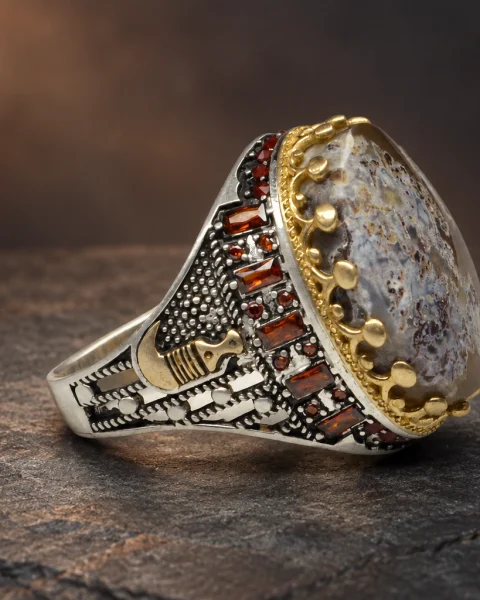 Gilded Jambiya Moss Agate Ring, sterling silver and Yemeni agate, view 1
